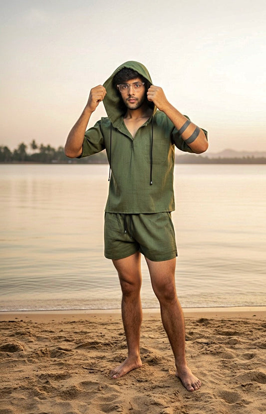 Olive Green Half Sleeve Beach Hoodie Co-ord Set for Men – Limited Edition