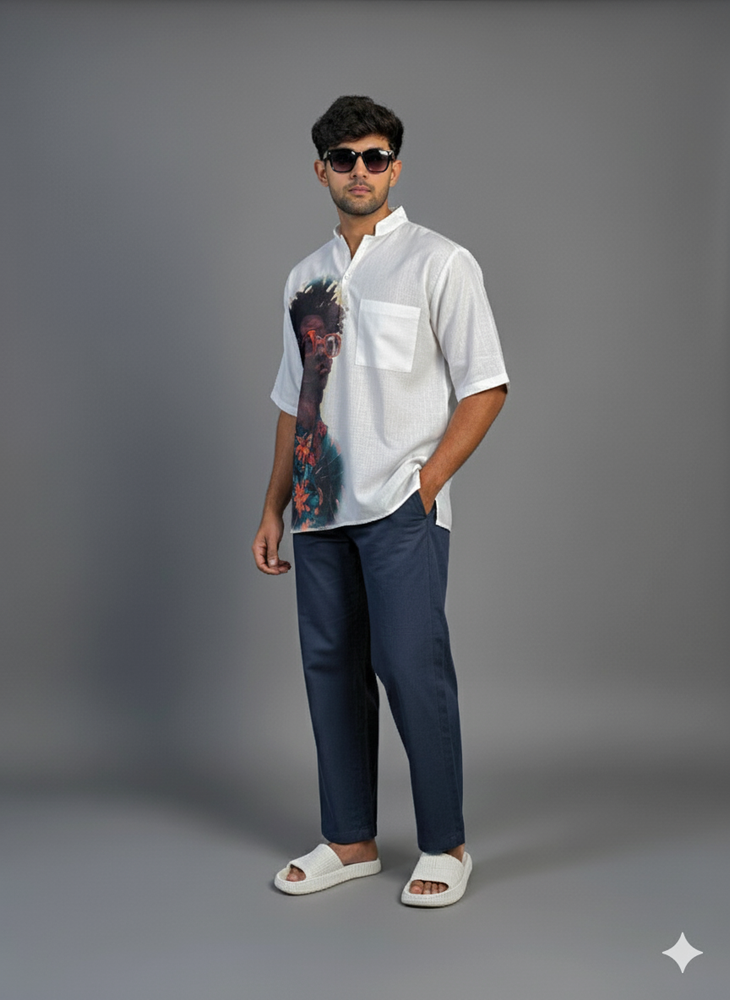 Men’s Half Sleeve Shirt and Pant – Afro Sunglasses Graphic Print (White)