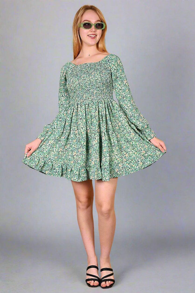 Green Flower Printed Short  Dress