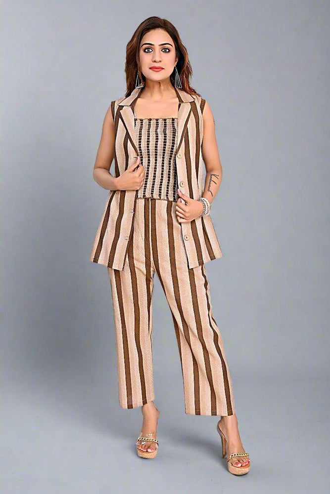 
                      
                        Sleeveless Stripe Jacket & Straight Pant Cord Set
                      
                    