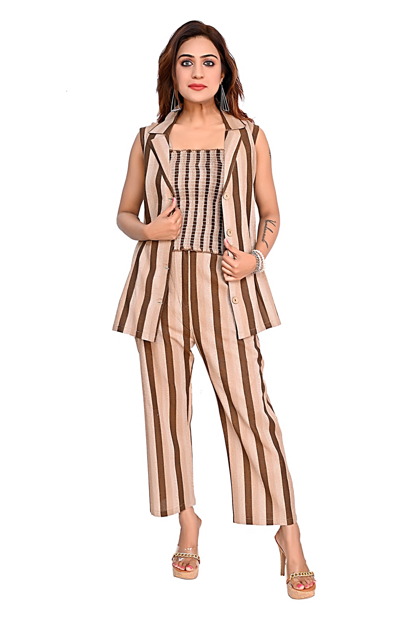 WomenStriped Co-Ord Set with Sleeveless Jacket & Pants