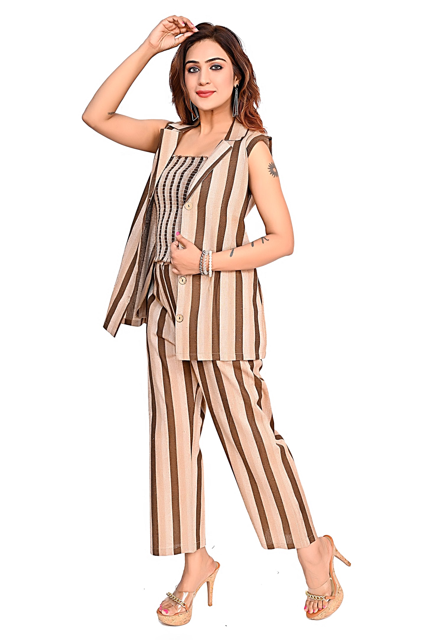 WomenStriped Co-Ord Set with Sleeveless Jacket & Pants
