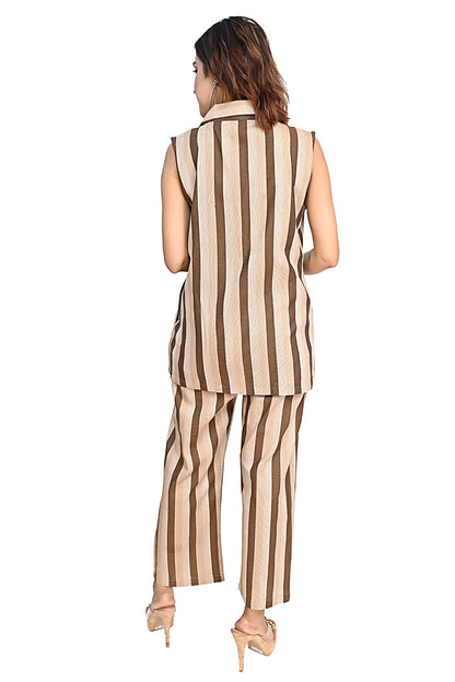WomenStriped Co-Ord Set with Sleeveless Jacket & Pants