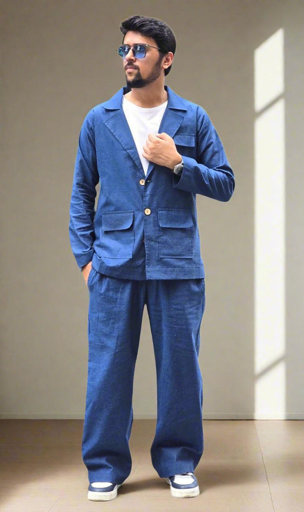 
                      
                        Denim Color Cotton Blazer
                      
                    