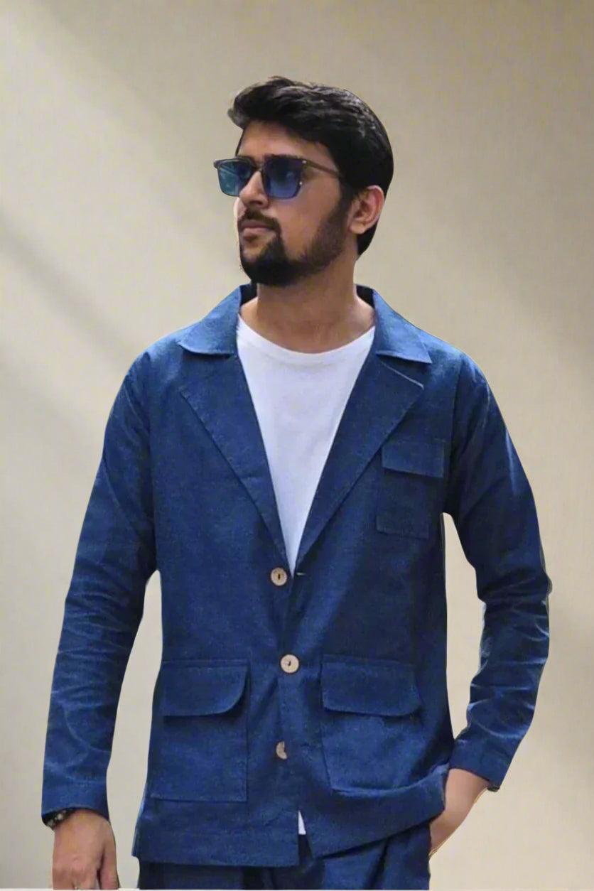 Denim Color Cotton Blazer - Nirmal Online