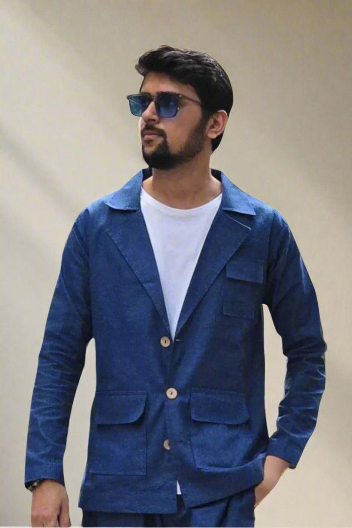 Denim Color Cotton Blazer - Nirmal Online