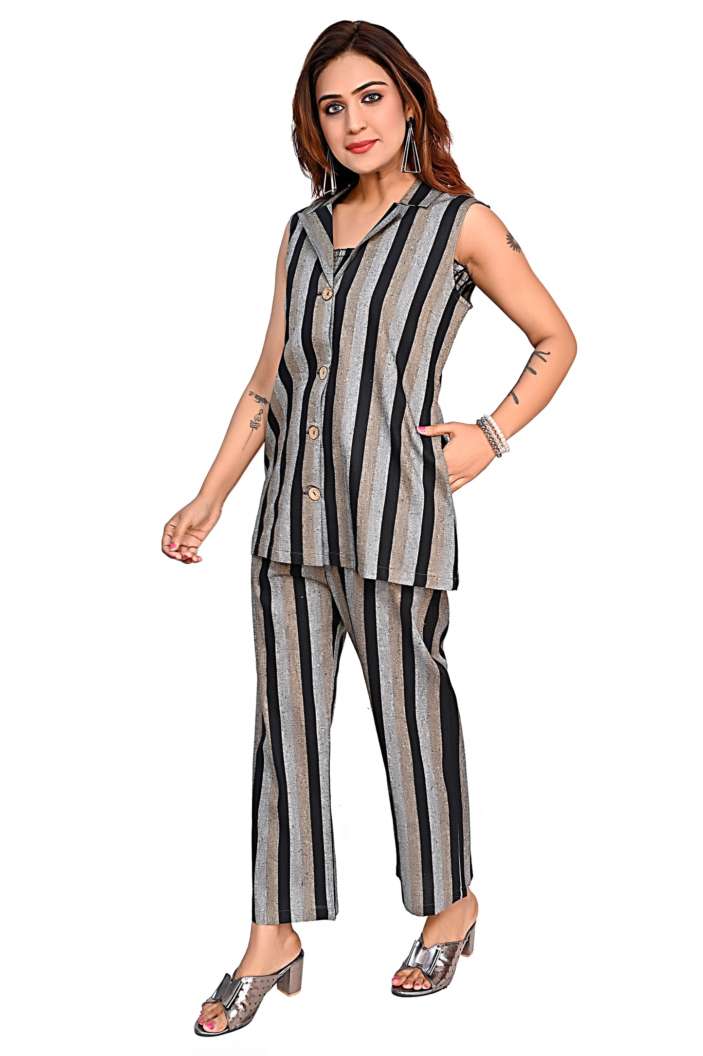 WomenStriped Co-Ord Set with Sleeveless Jacket & Pants