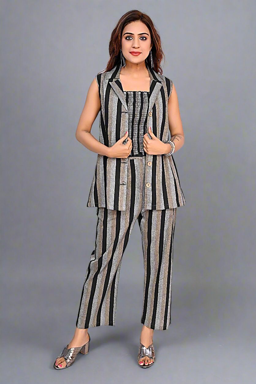 Sleeveless Stripe Jacket & Straight Pant Cord Set