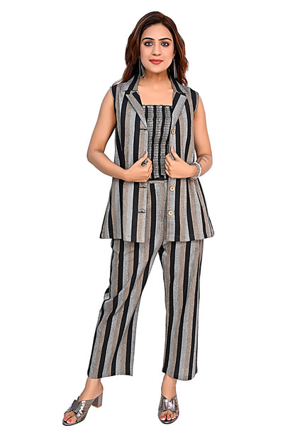 WomenStriped Co-Ord Set with Sleeveless Jacket & Pants