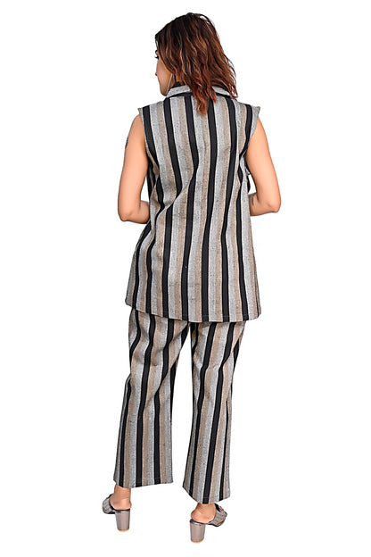 WomenStriped Co-Ord Set with Sleeveless Jacket & Pants