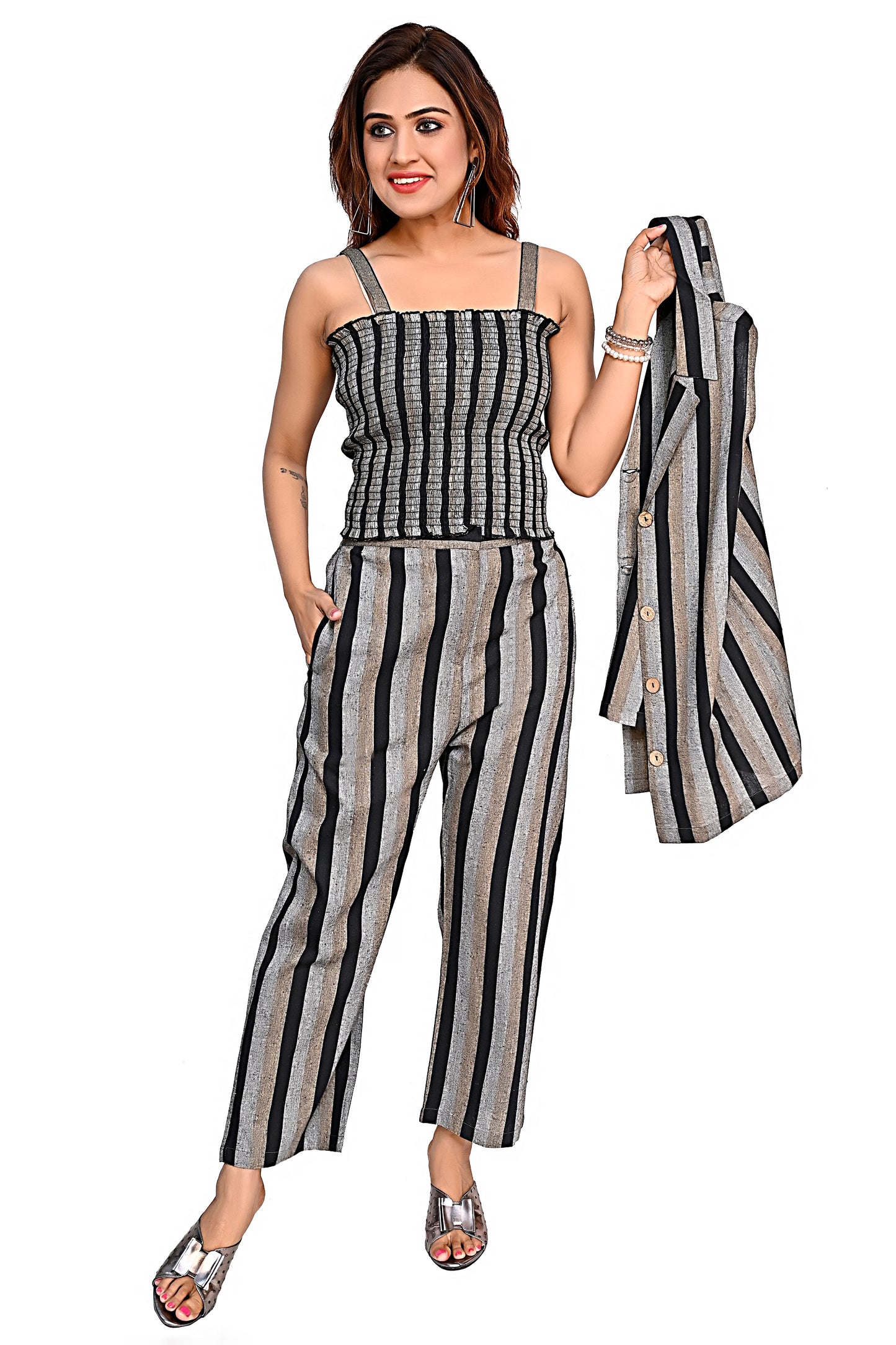 WomenStriped Co-Ord Set with Sleeveless Jacket & Pants