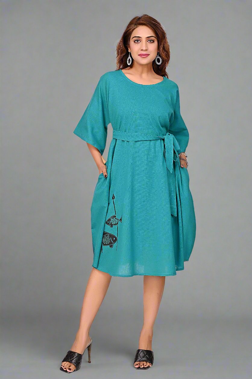 Premium Quality Cotton Slub Tunic Dress for Women in Teal Blue Colour