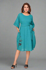 Premium Quality Cotton Slub Tunic Dress for Women in Teal Blue Colour