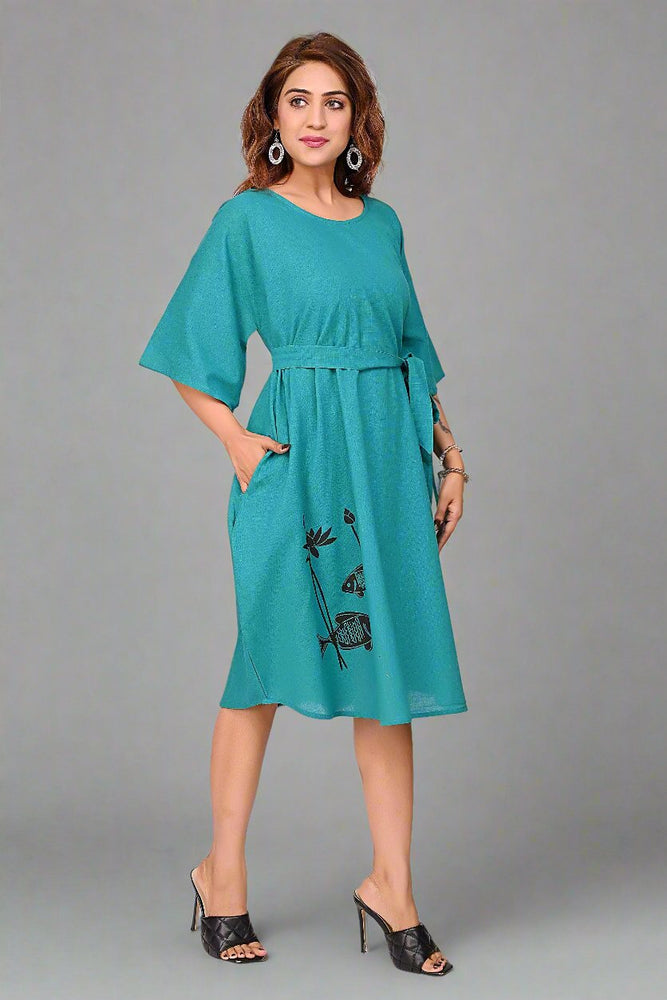 Premium Quality Cotton Slub Tunic Dress for Women in Teal Blue Colour