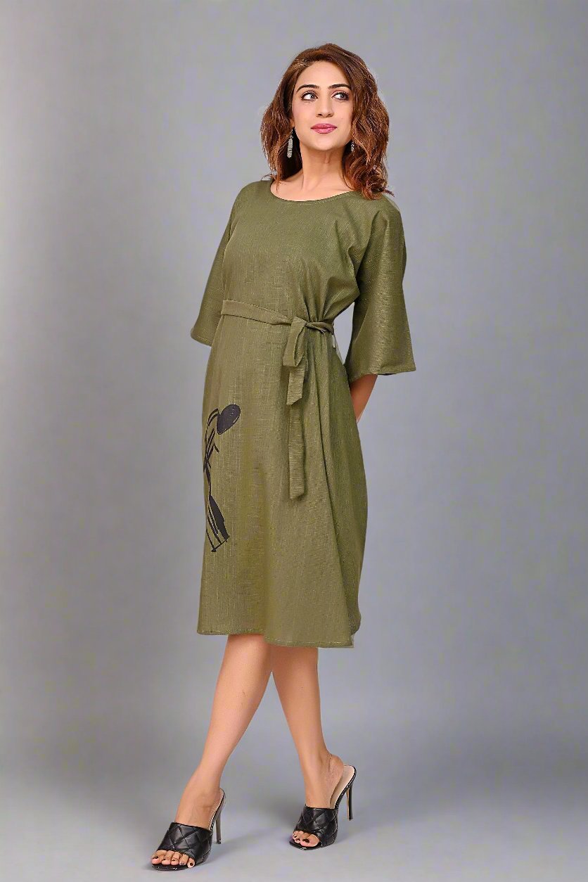 Premium Quality Cotton Slub Tunic Dress for Women in Olive Green Colour