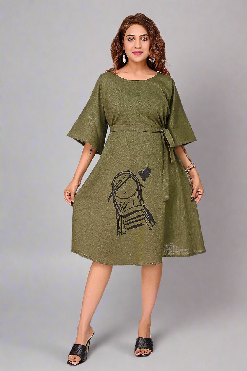 Premium Quality Cotton Slub Tunic Dress for Women in Olive Green Colour