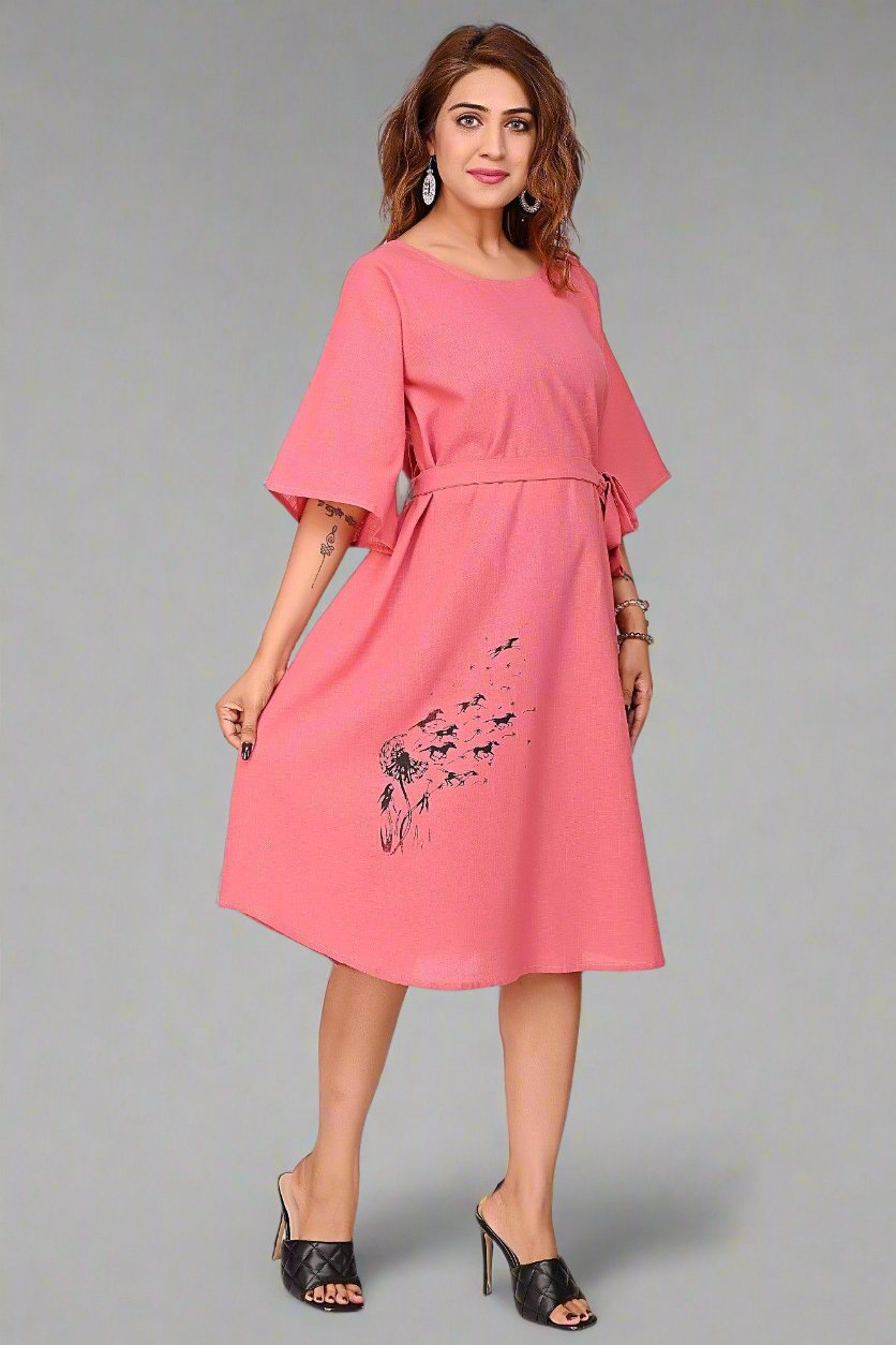 Premium Quality Cotton Slub Tunic Dress for Women in Coral Pink Colour