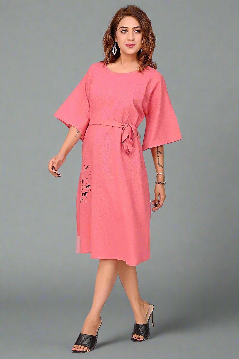 Premium Quality Cotton Slub Tunic Dress for Women in Coral Pink Colour