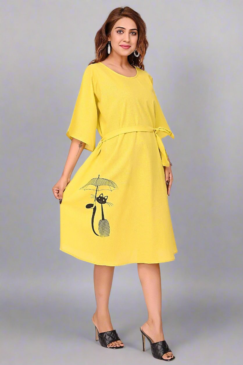 Premium Quality Cotton Slub Tunic Dress for Women in Yellow Colour