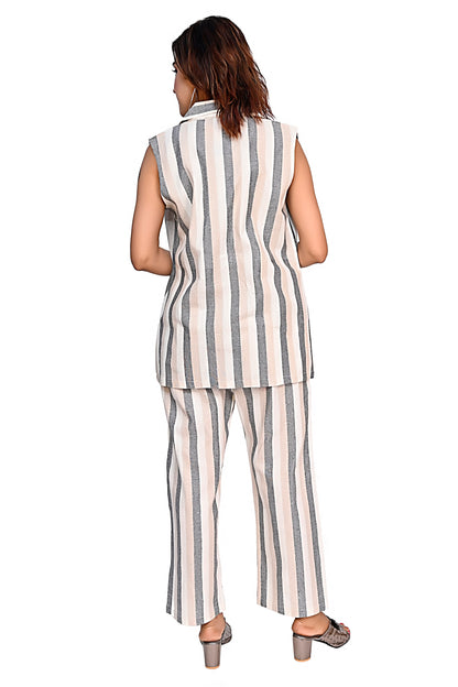 WomenStriped Co-Ord Set with Sleeveless Jacket & Pants