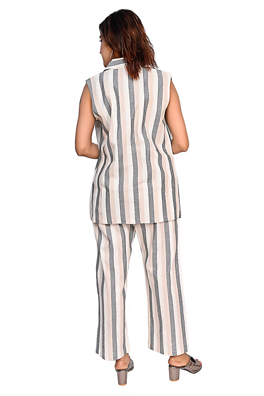 WomenStriped Co-Ord Set with Sleeveless Jacket & Pants