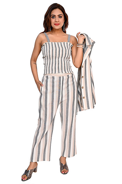 WomenStriped Co-Ord Set with Sleeveless Jacket & Pants