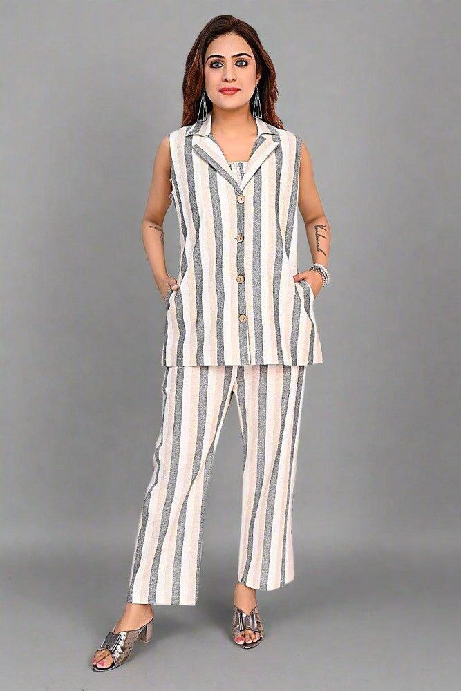 
                      
                        Sleeveless Stripe Jacket & Straight Pant Cord Set
                      
                    