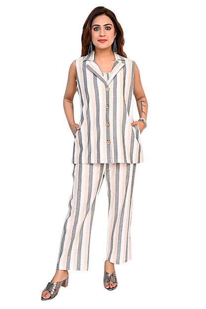WomenStriped Co-Ord Set with Sleeveless Jacket & Pants