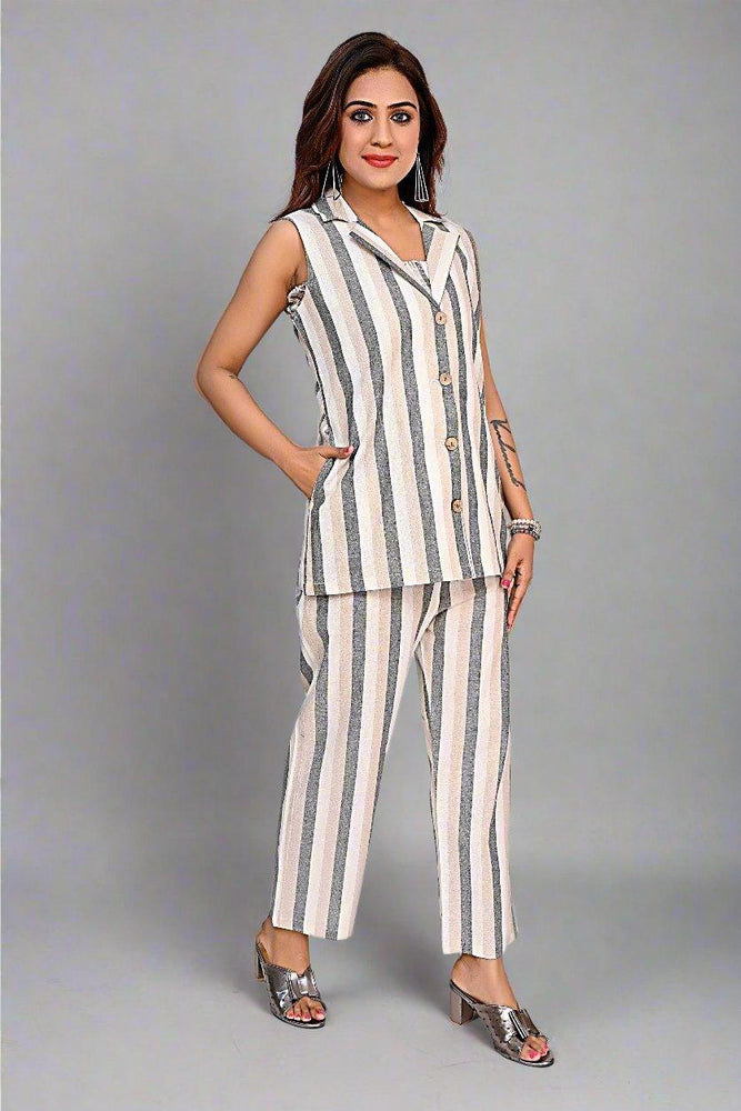 
                      
                        Sleeveless Stripe Jacket & Straight Pant Cord Set
                      
                    