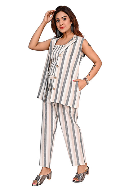 WomenStriped Co-Ord Set with Sleeveless Jacket & Pants