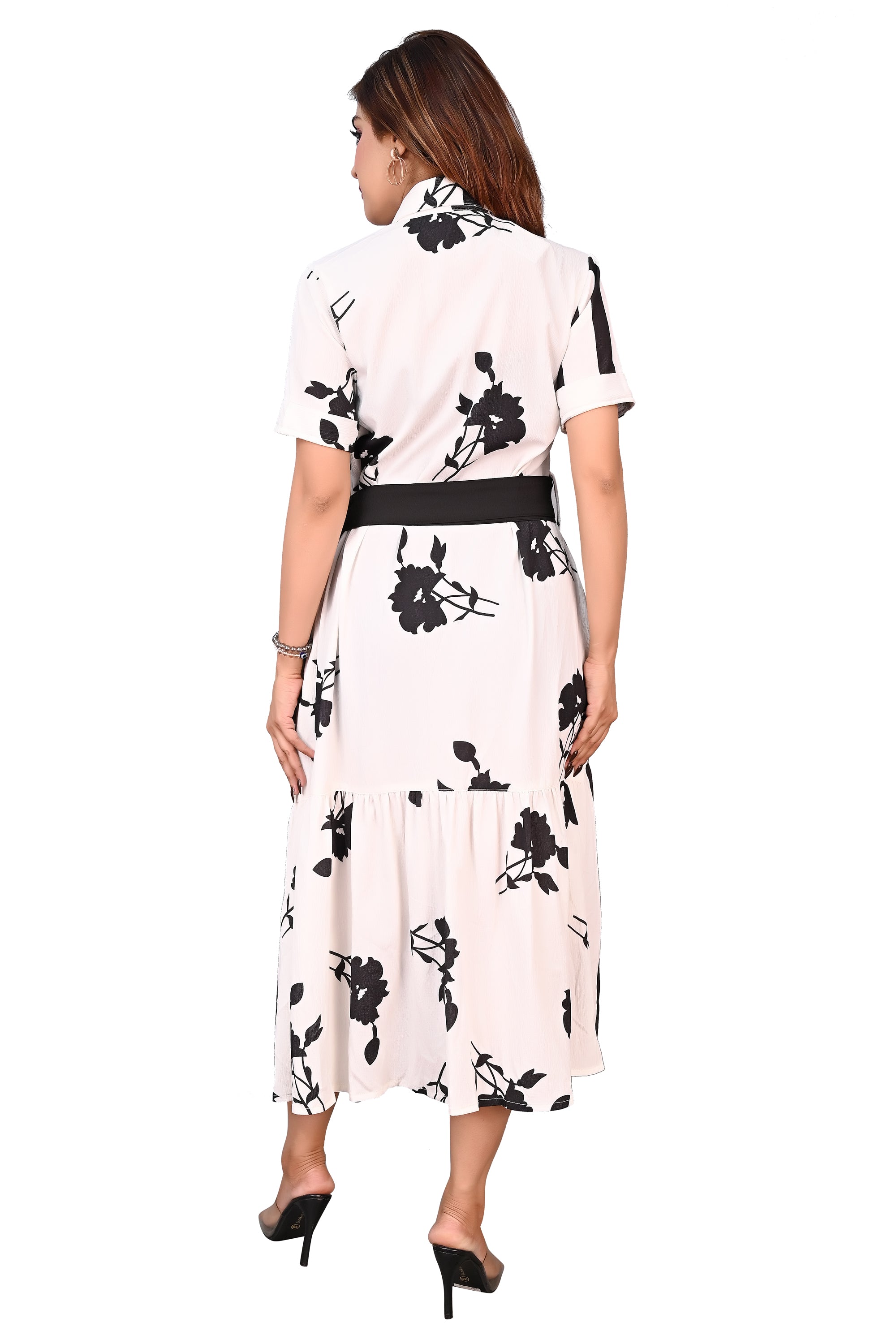 Women Printed Shirt Style Midi Dress with Belt