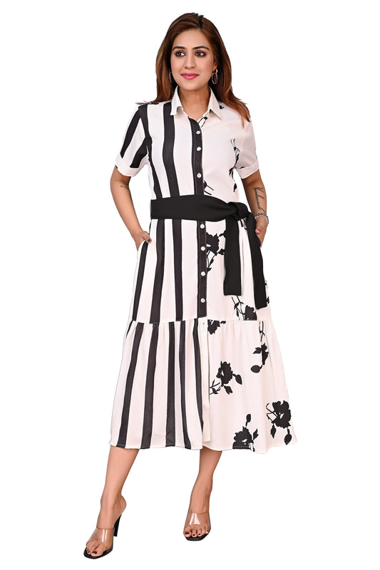 Women Printed Shirt Style Midi Dress with Belt