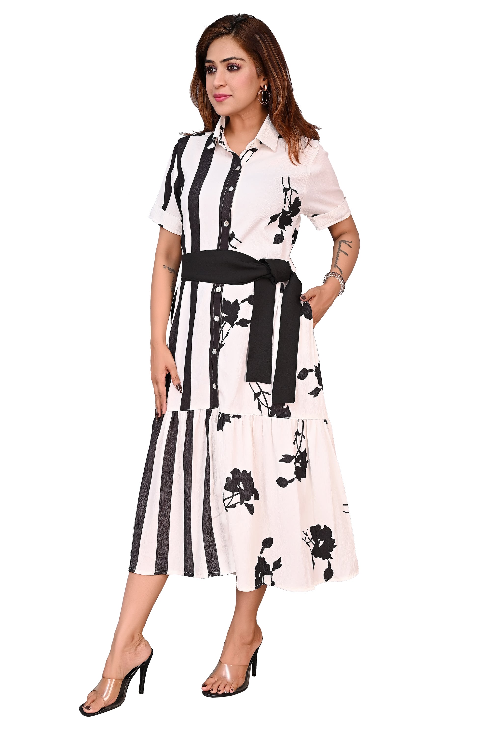 Women Printed Shirt Style Midi Dress with Belt