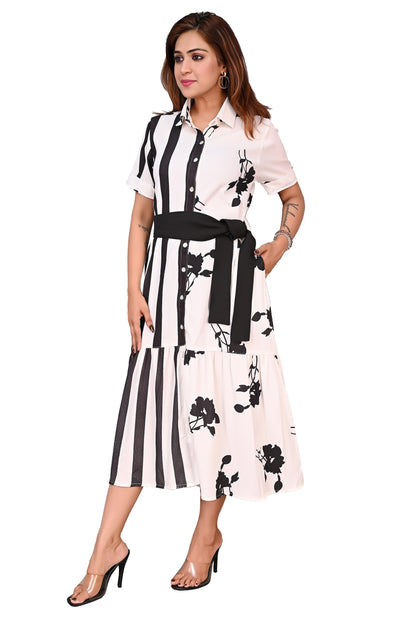 Women Printed Shirt Style Midi Dress with Belt
