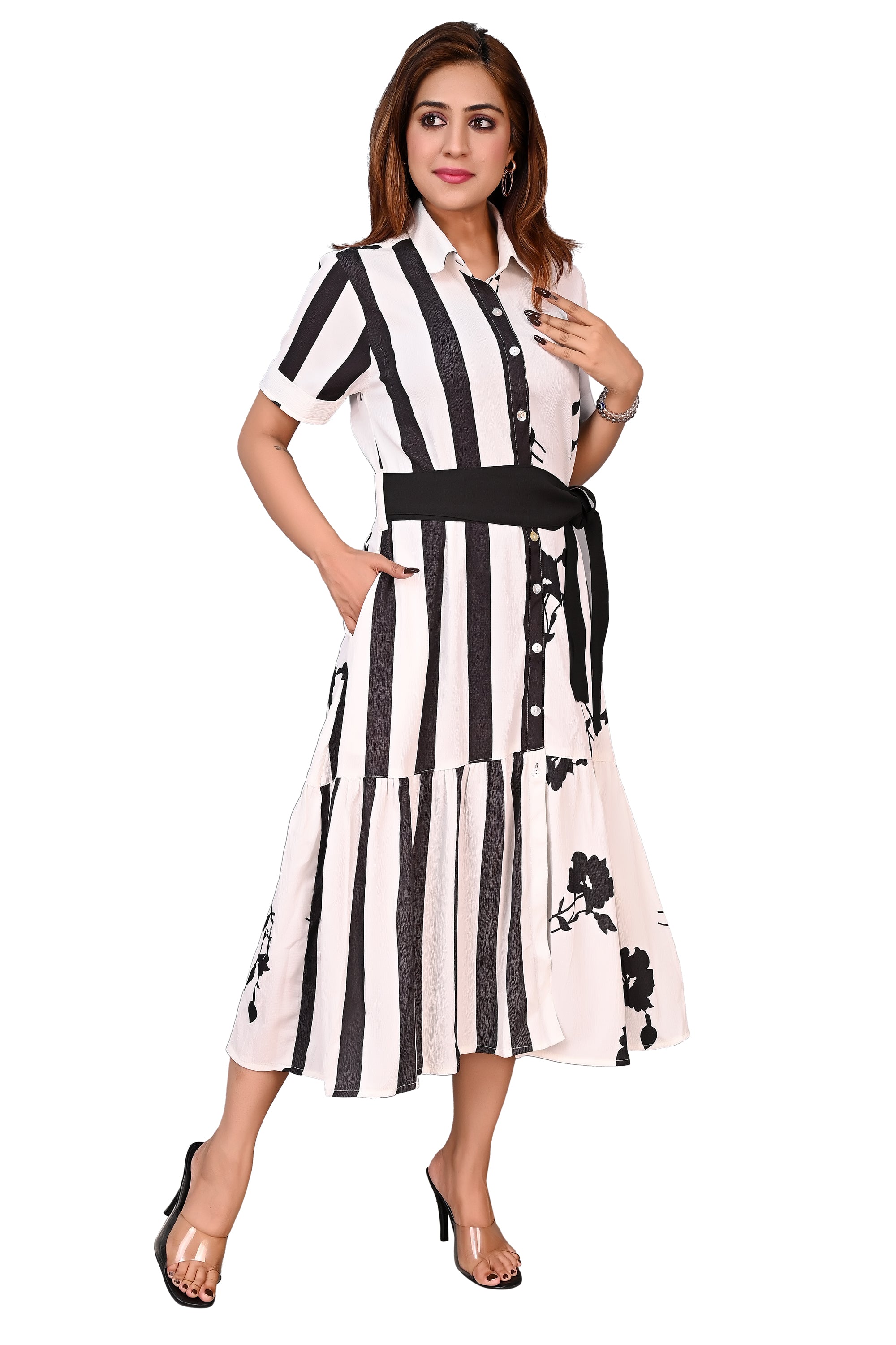 Women Printed Shirt Style Midi Dress with Belt