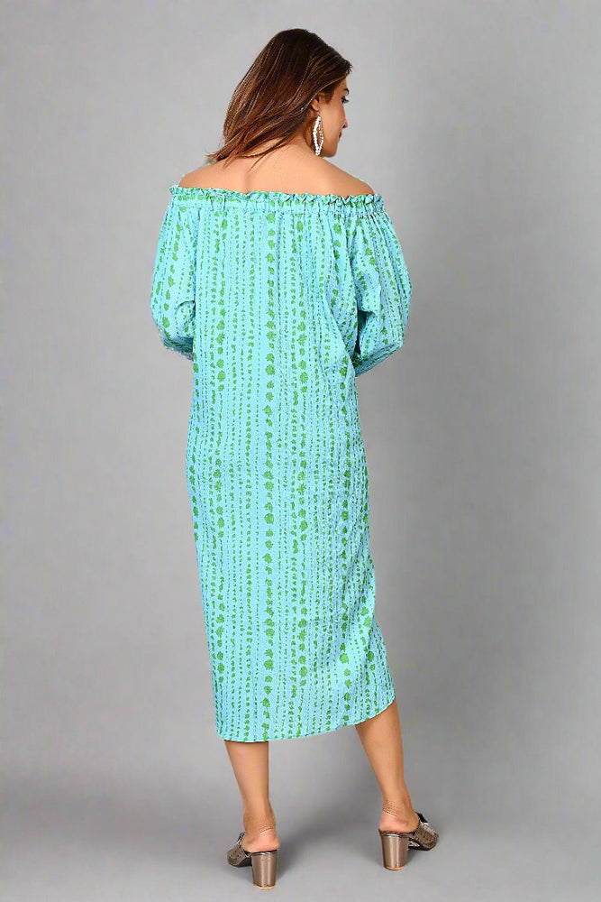 
                      
                        Premium Quality Off Shoulder Dress for Women in Aqua Blue Colour Print
                      
                    