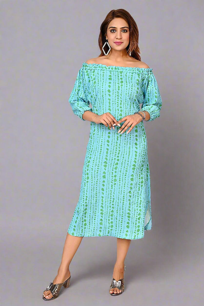 
                      
                        Premium Quality Off Shoulder Dress for Women in Aqua Blue Colour Print
                      
                    