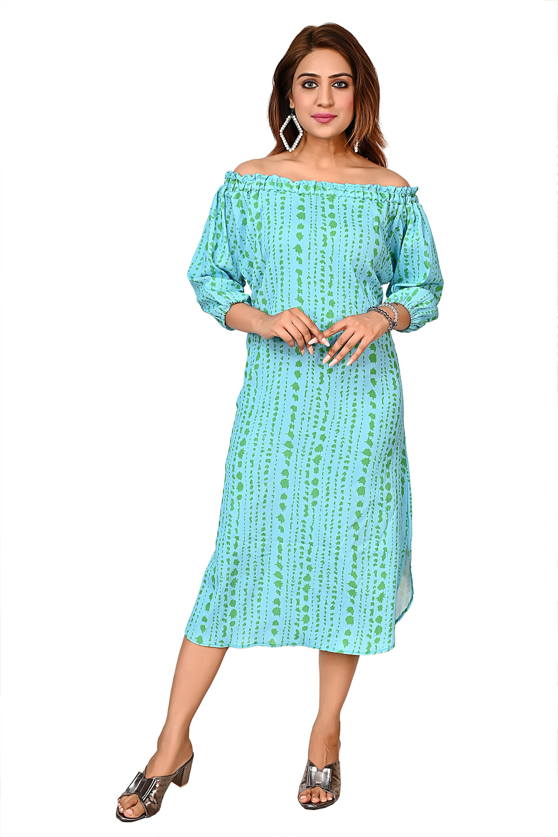 Nirmal online Premium Quality Off Shoulder Dress for Women in Aqua Blue Colour Print