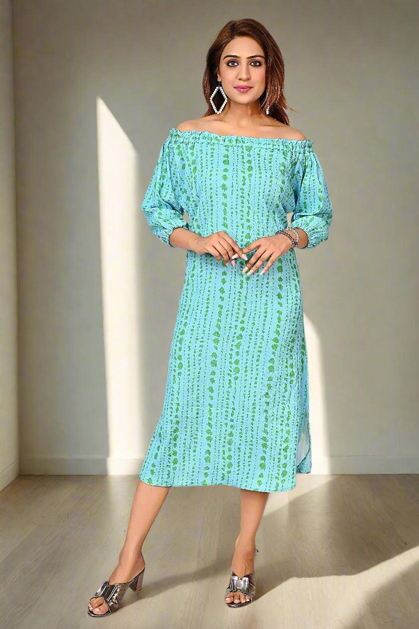 Aqua Breeze Off Shoulder Dress - Nirmal Online