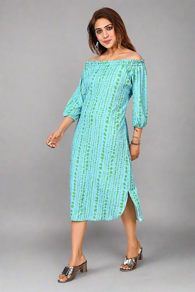 
                      
                        Premium Quality Off Shoulder Dress for Women in Aqua Blue Colour Print
                      
                    