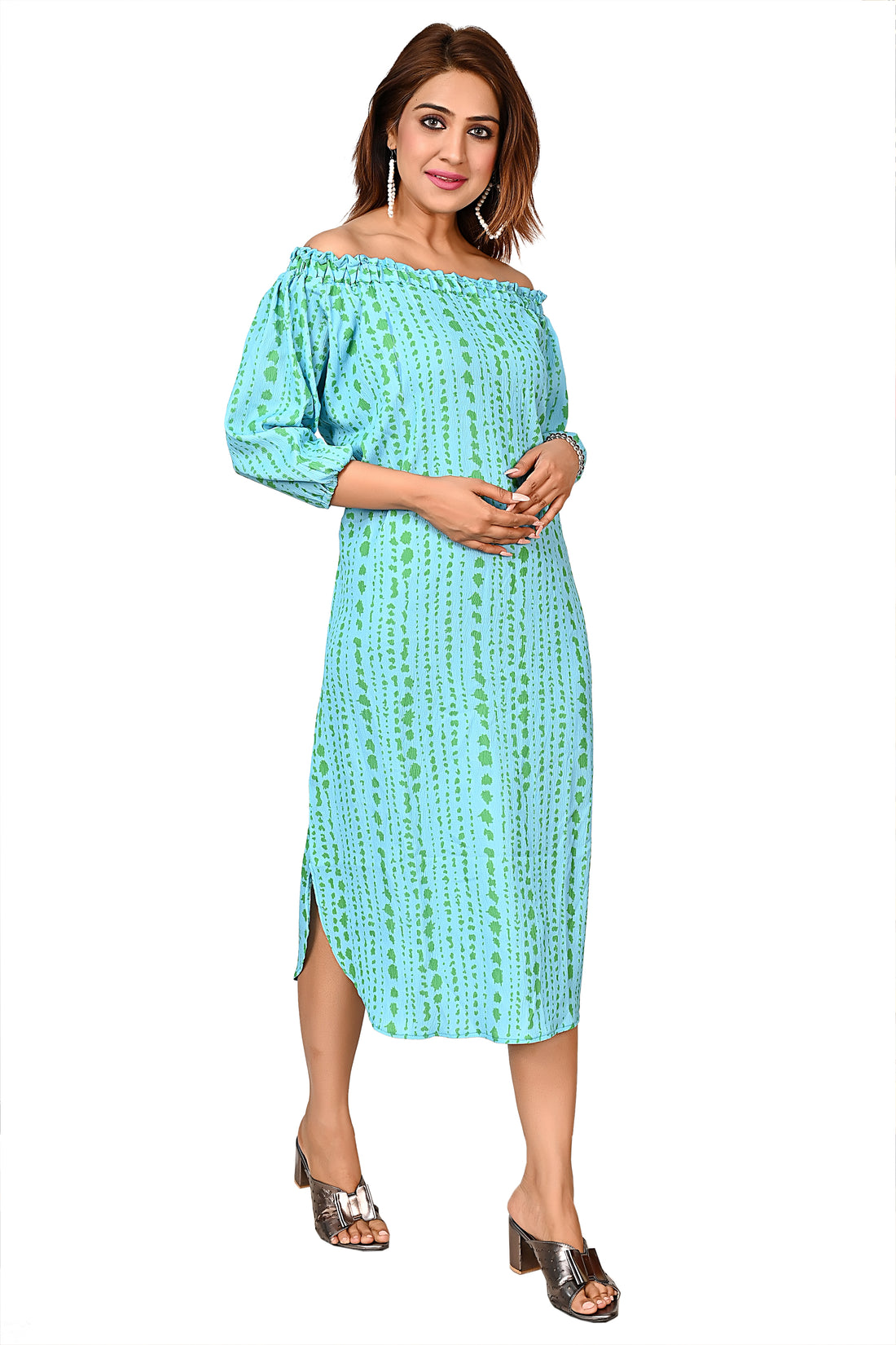 Nirmal online Premium Quality Off Shoulder Dress for Women in Aqua Blue Colour Print