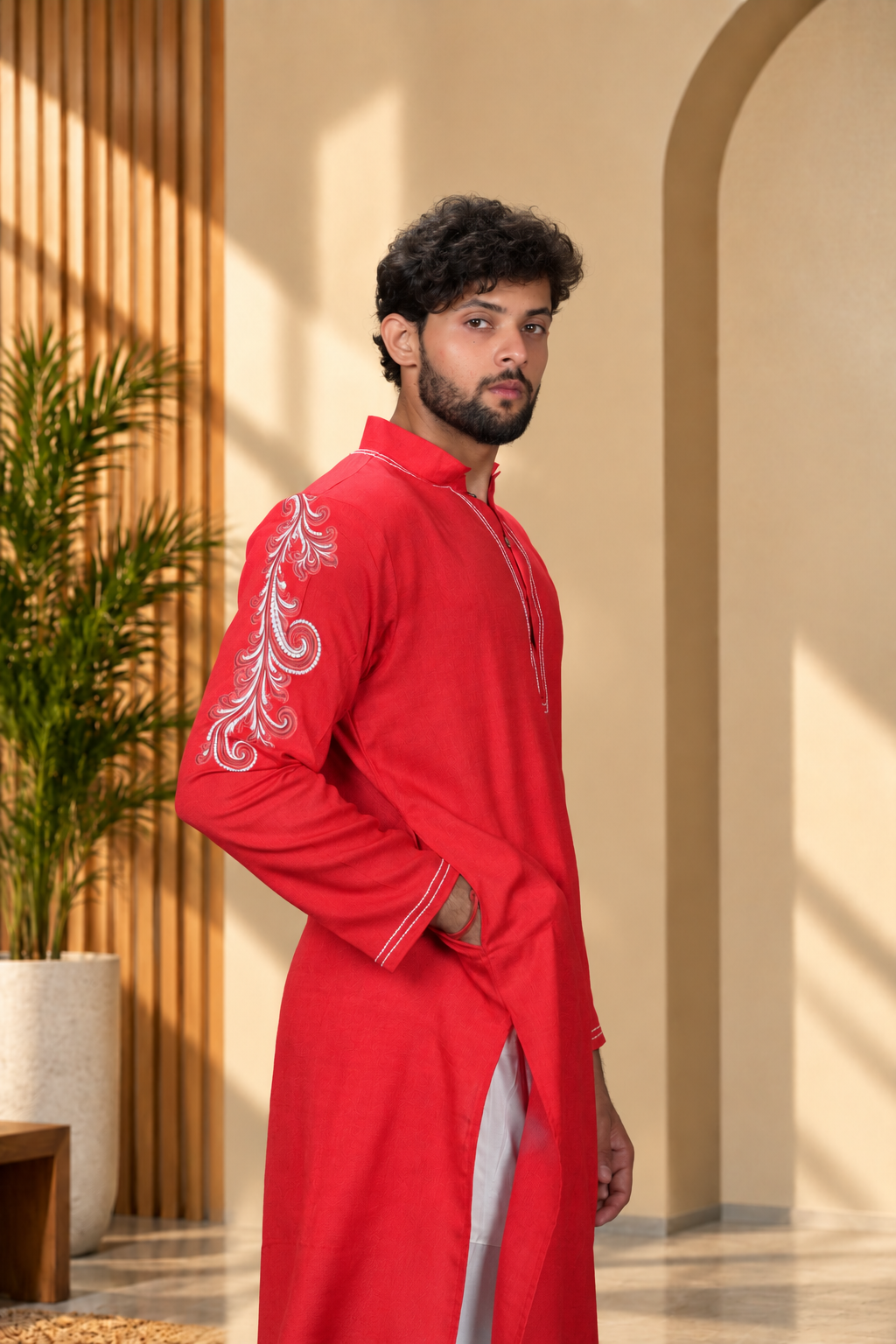 Men Red Colour Rayon Kurta with Emb look DTF Sticker