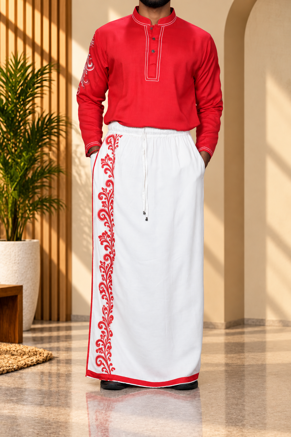 Men Ivory Colour Rayon Pajamalungi with Emb look DTF Sticker