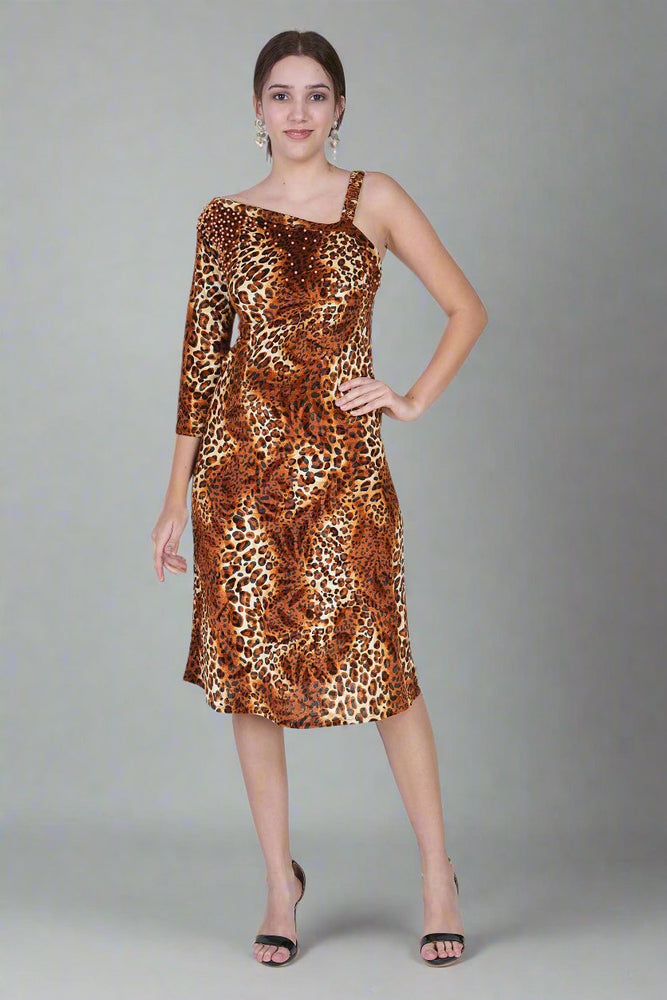 BROWN VELVET LEOPARD PRINT DRESS WITH PEARLS