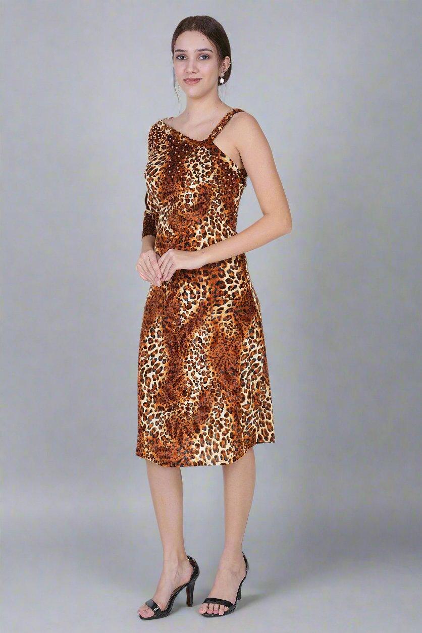 Brown Velvet Leopard Print Dress With Pearls - Nirmal Online