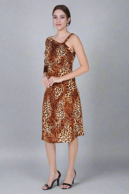 Brown Velvet Leopard Print Dress With Pearls