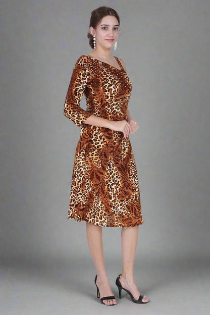 Brown Velvet Leopard Print Dress With Pearls