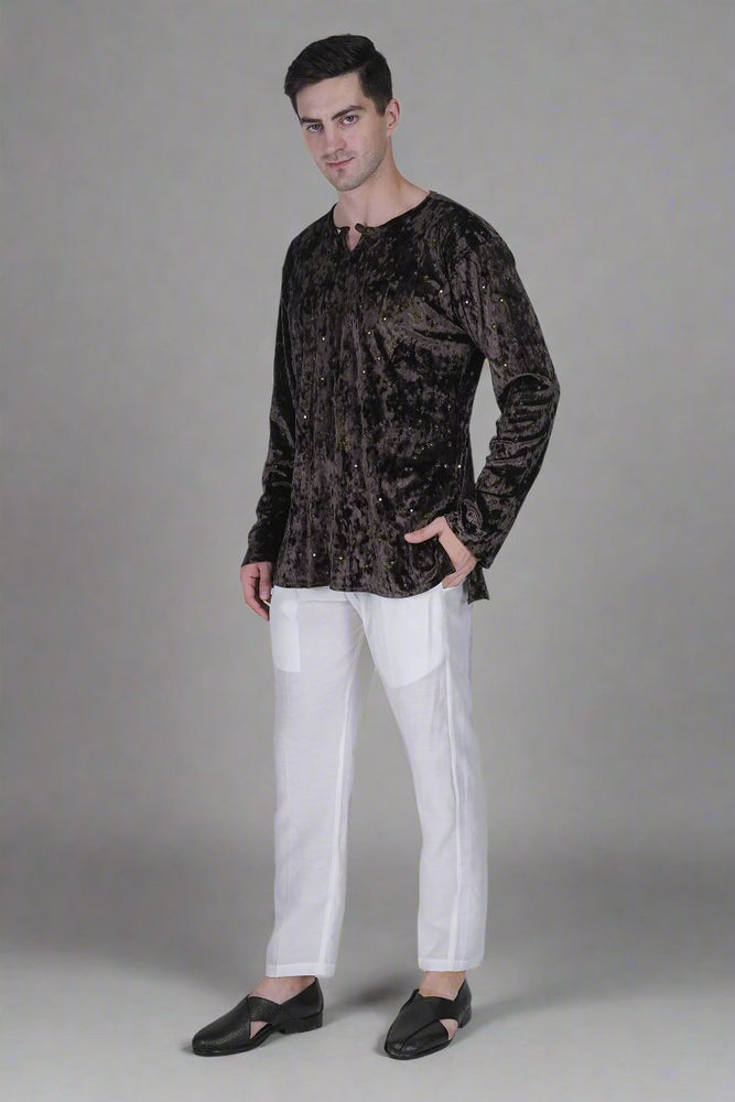 
                      
                        Men’s Velvet Kurta with Floral Embroidery and Sequins
                      
                    