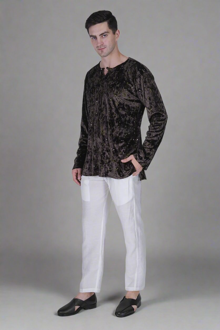 Men’s Velvet Kurta with Floral Embroidery and Sequins