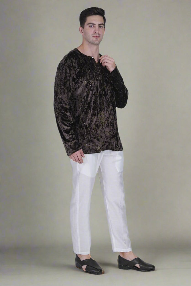 
                      
                        Men’s Velvet Kurta with Floral Embroidery and Sequins
                      
                    